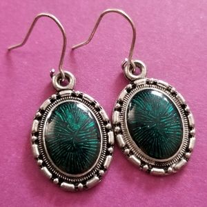 Green and silver tone oval earrings hook backs